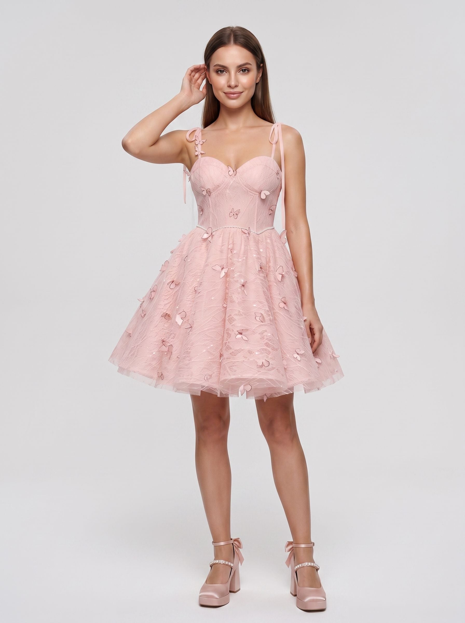 Petal Tulle A-Line Sweetheart Lace-up Short Dress with 3D Butterflies