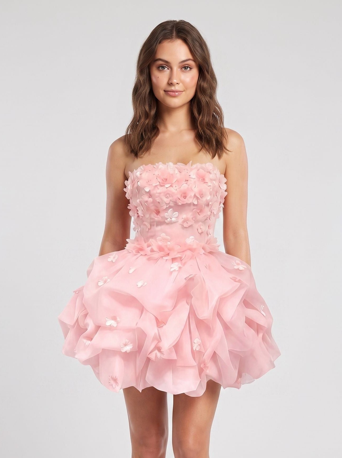 Petal Tulle A-Line Straight Neck Back Zip Short Dress with Floral Appliques