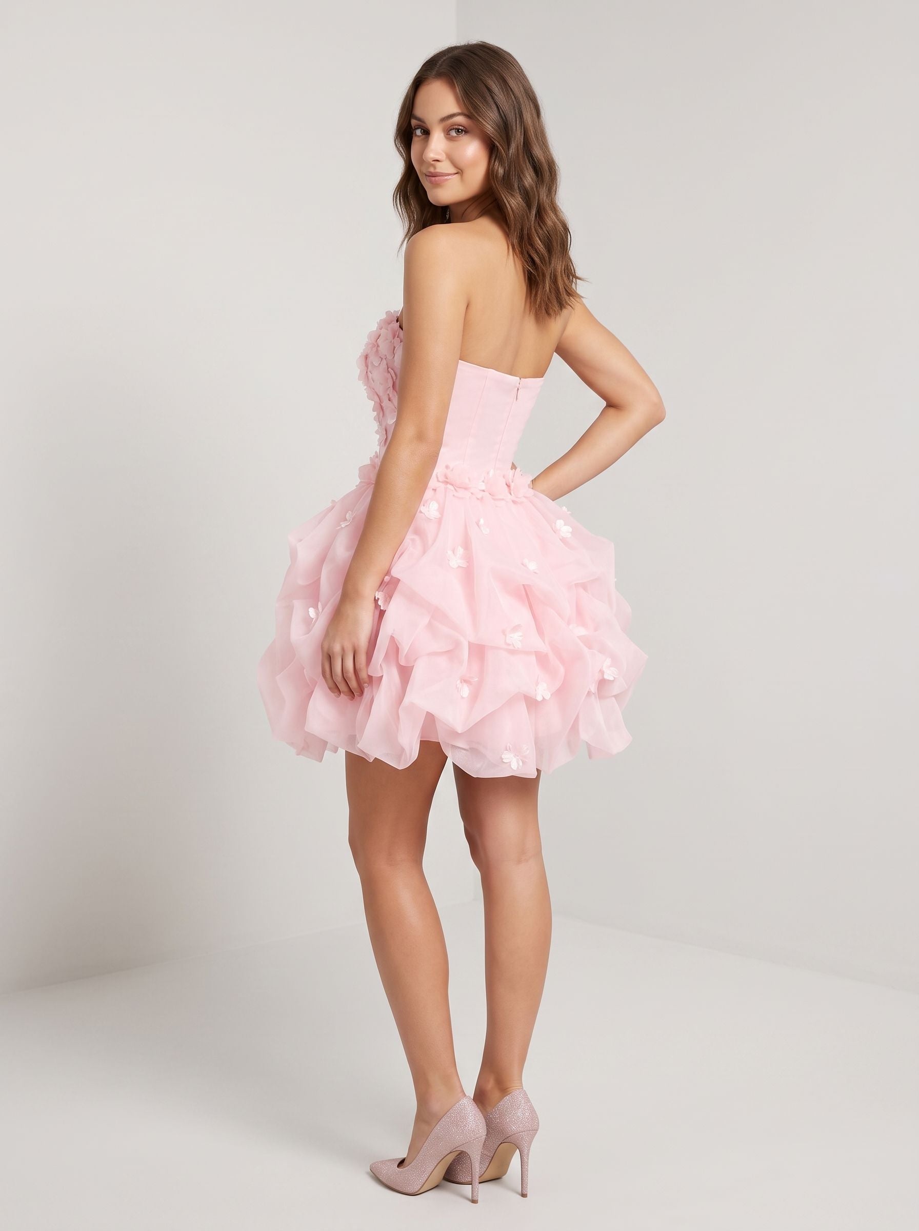 Petal Tulle A-Line Straight Neck Back Zip Short Dress with Floral Appliques