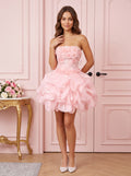 Petal Tulle A-Line Straight Neck Back Zip Short Dress with Floral Appliques