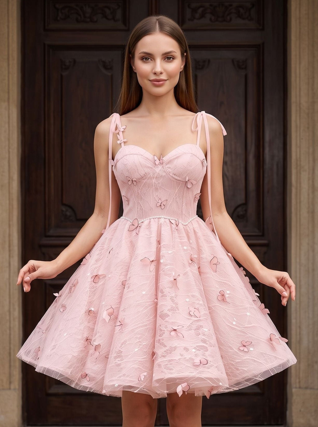 Petal Tulle A-Line Sweetheart Lace-up Short Dress with 3D Butterflies