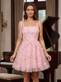 Petal Tulle A-Line Sweetheart Backless Short Dress with Floral Embroidery