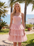Petal Tulle A-Line Sweetheart  Back Zip Short Dress with Lace Bodice