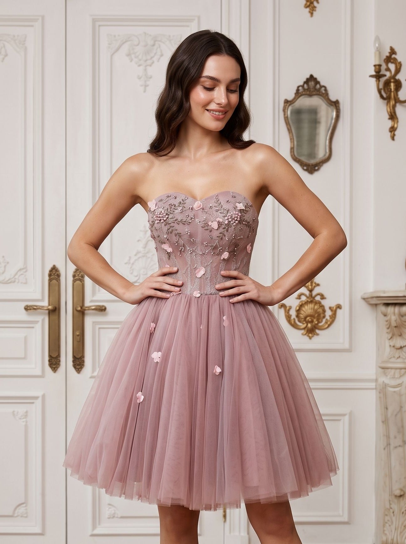 Purple Tulle A-Line Sweetheart Lace-up Short Dress with 3D Flowers