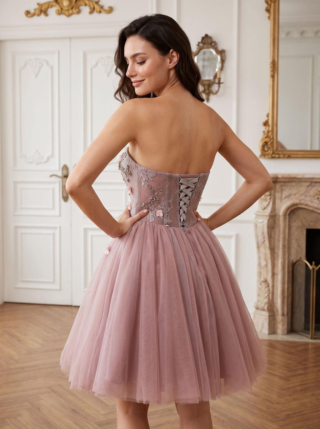 Purple Tulle A-Line Sweetheart Lace-up Short Dress with 3D Flowers