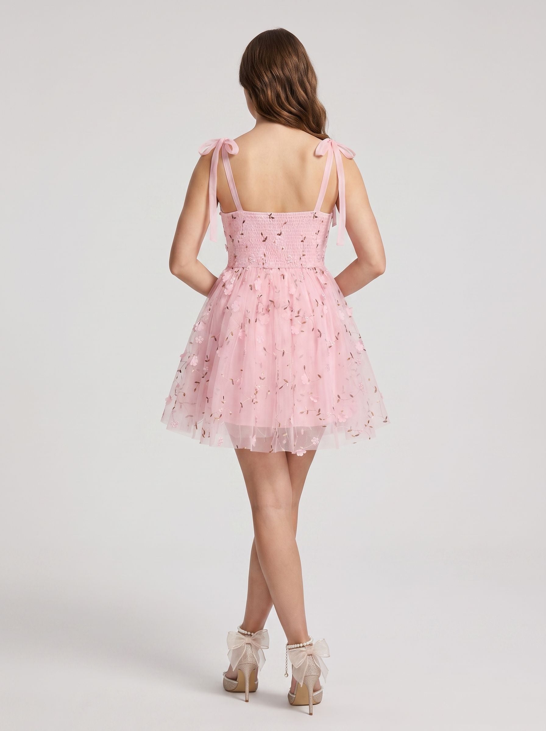 Petal Tulle A-Line Sweetheart Backless Short Dress with Floral Embroidery