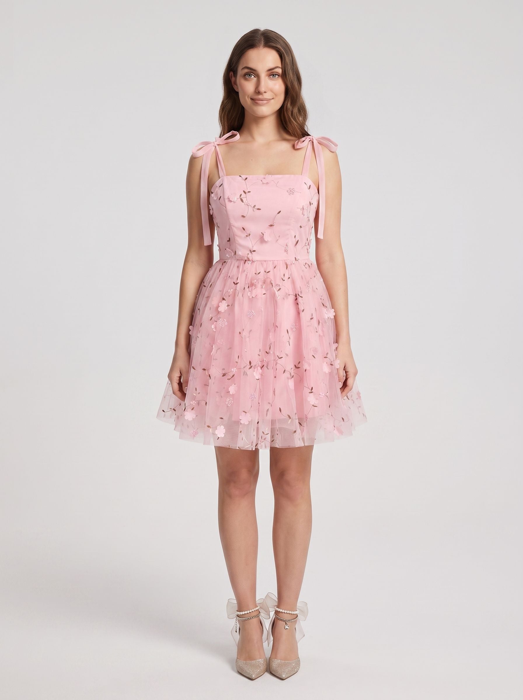 Petal Tulle A-Line Sweetheart Backless Short Dress with Floral Embroidery
