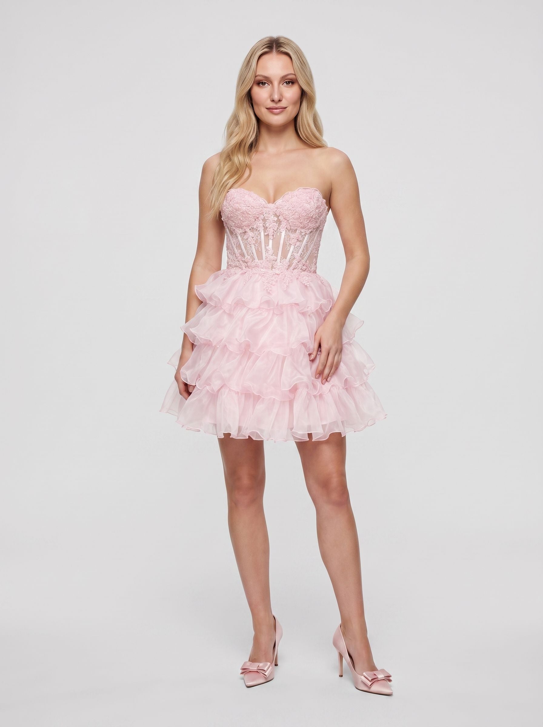 Petal Tulle A-Line Sweetheart Lace-up Short Dress with Tiered Ruffles