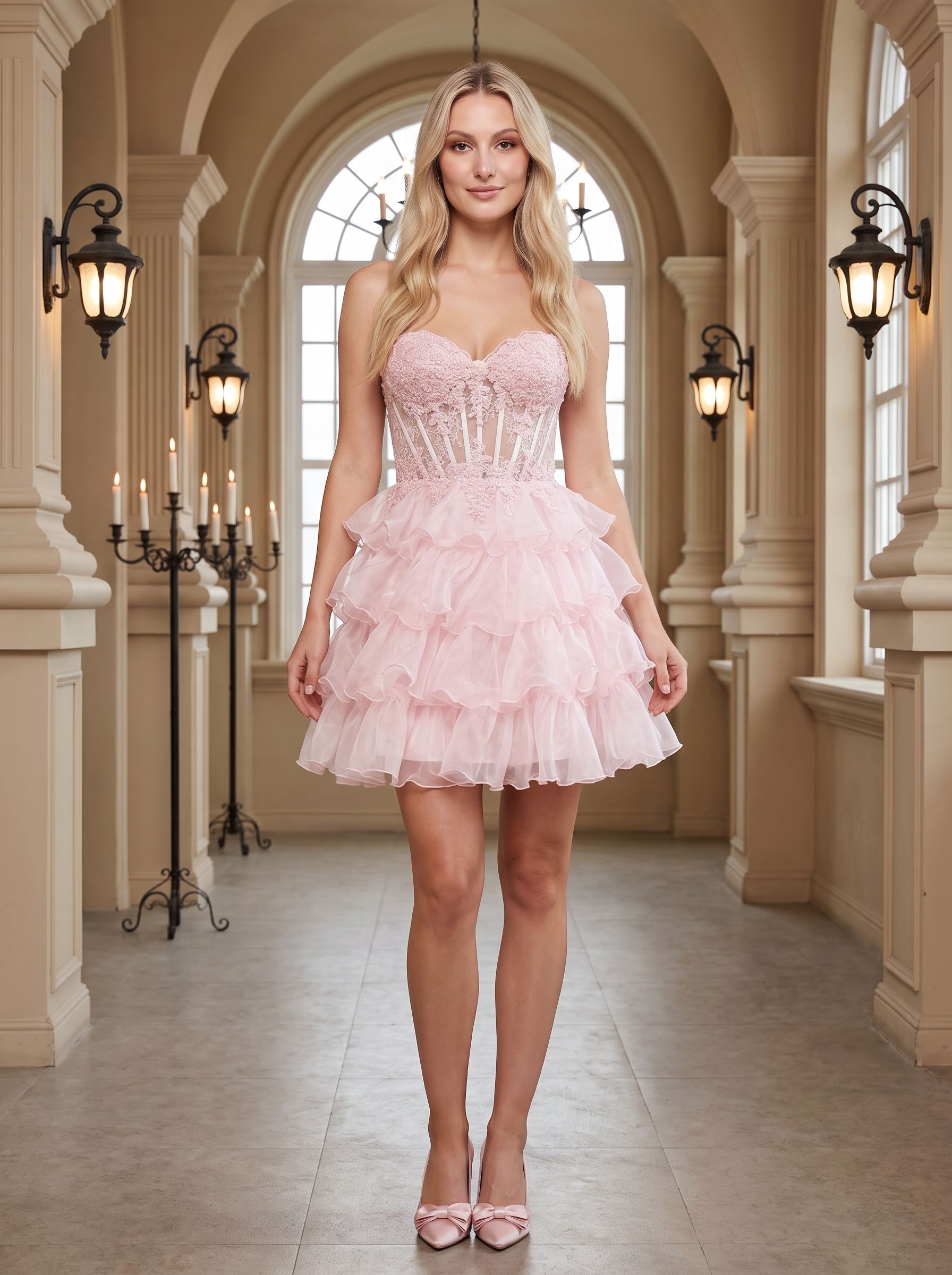 Petal Tulle A-Line Sweetheart Lace-up Short Dress with Tiered Ruffles