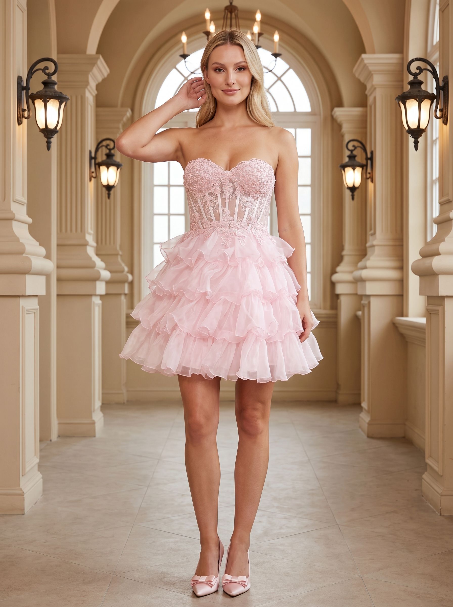Petal Tulle A-Line Sweetheart Lace-up Short Dress with Tiered Ruffles