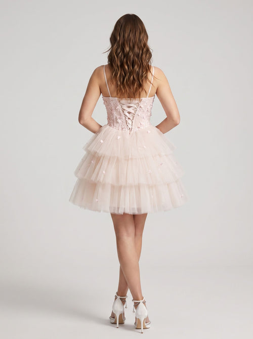 Blushing Pink Tulle A-Line Sweetheart Criss-Cross Straps Short Dress with Cascading Ruffles