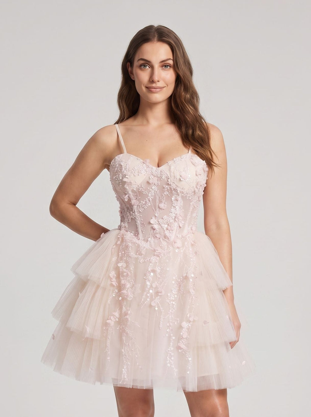 Blushing Pink Tulle A-Line Sweetheart Criss-Cross Straps Short Dress with Cascading Ruffles