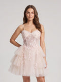 Blushing Pink Tulle A-Line Sweetheart Criss-Cross Straps Short Dress with Cascading Ruffles