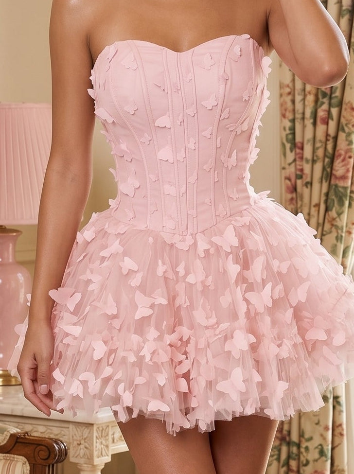 Petal Tulle A-Line Sweetheart Back Zip Short Dress with Floral Appliques
