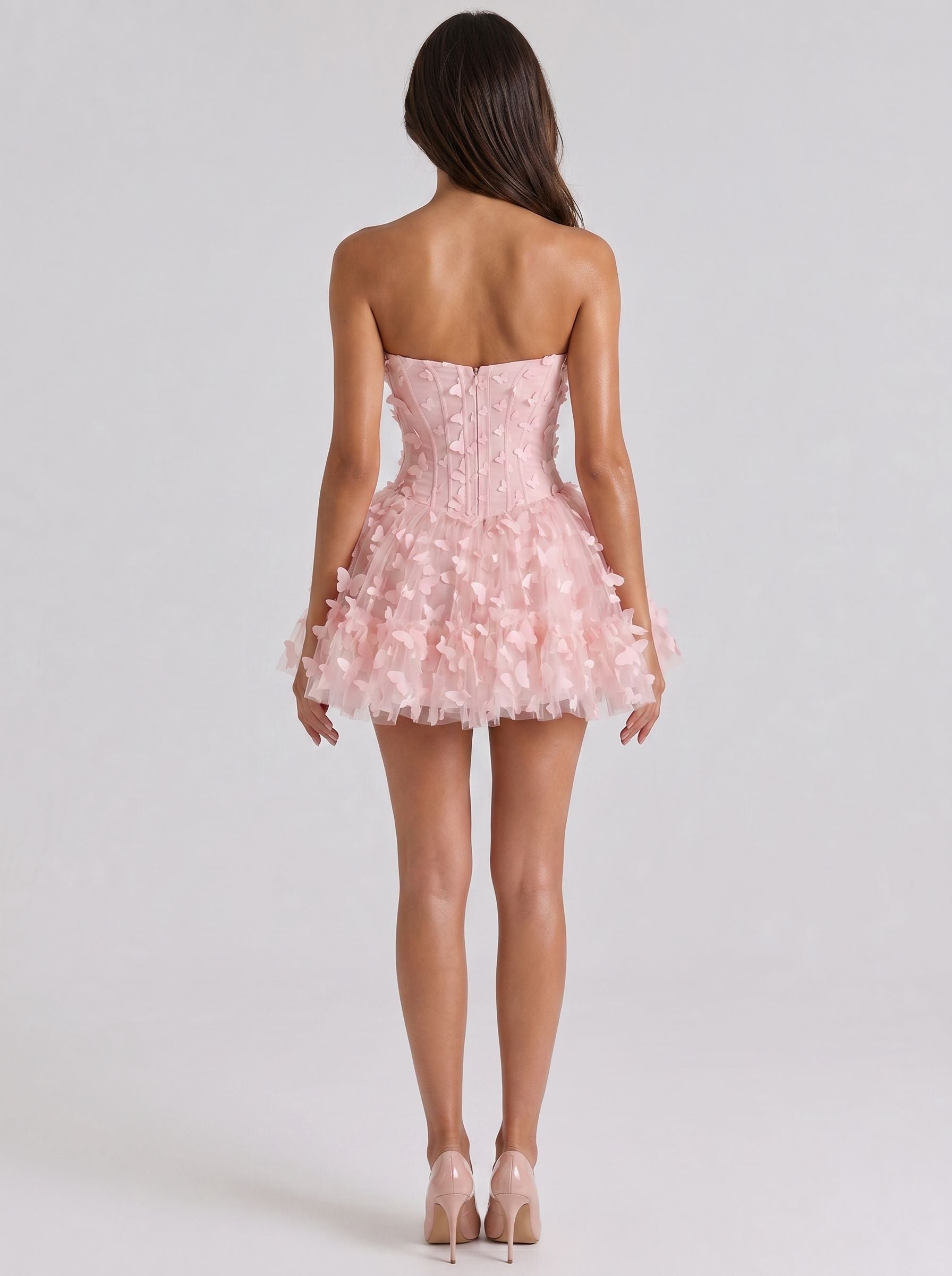 Petal Tulle A-Line Sweetheart Back Zip Short Dress with Floral Appliques