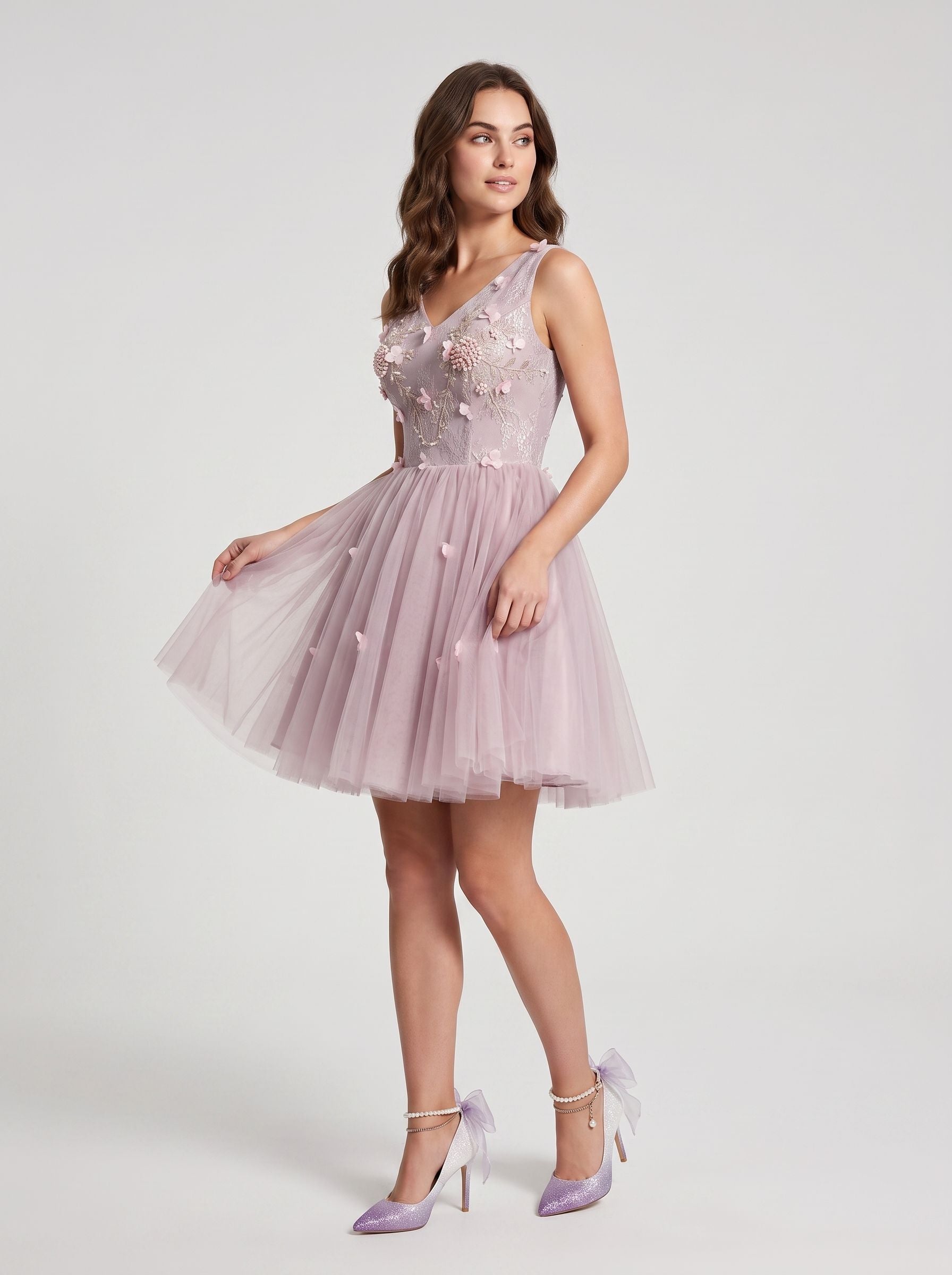 Purple Tulle A-Line V-Neck Lace-up Short Dress with 3D Flowers