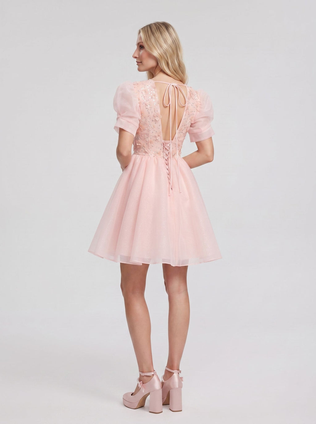 Petal Tulle A-Line V-Neck Lace-up Short Dress with 3D Flowers