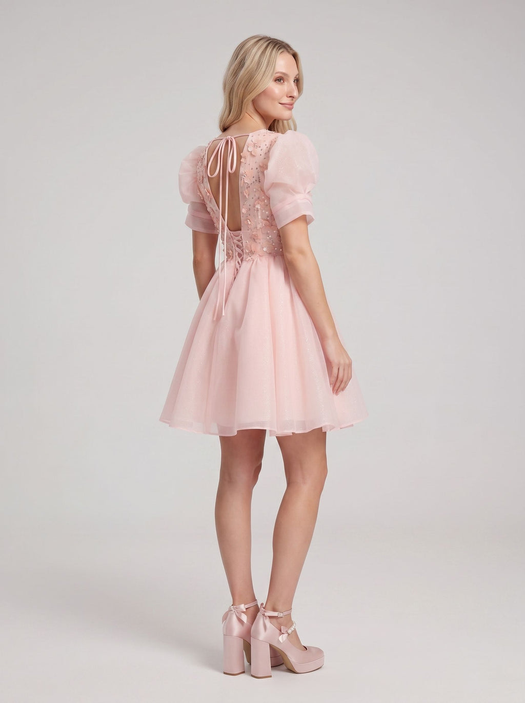 Petal Tulle A-Line V-Neck Lace-up Short Dress with 3D Flowers