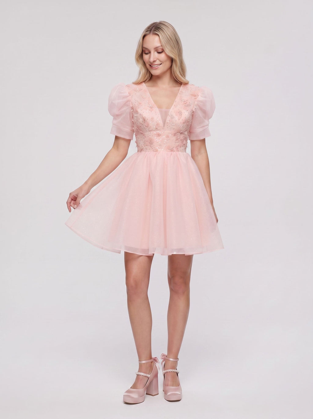 Petal Tulle A-Line V-Neck Lace-up Short Dress with 3D Flowers