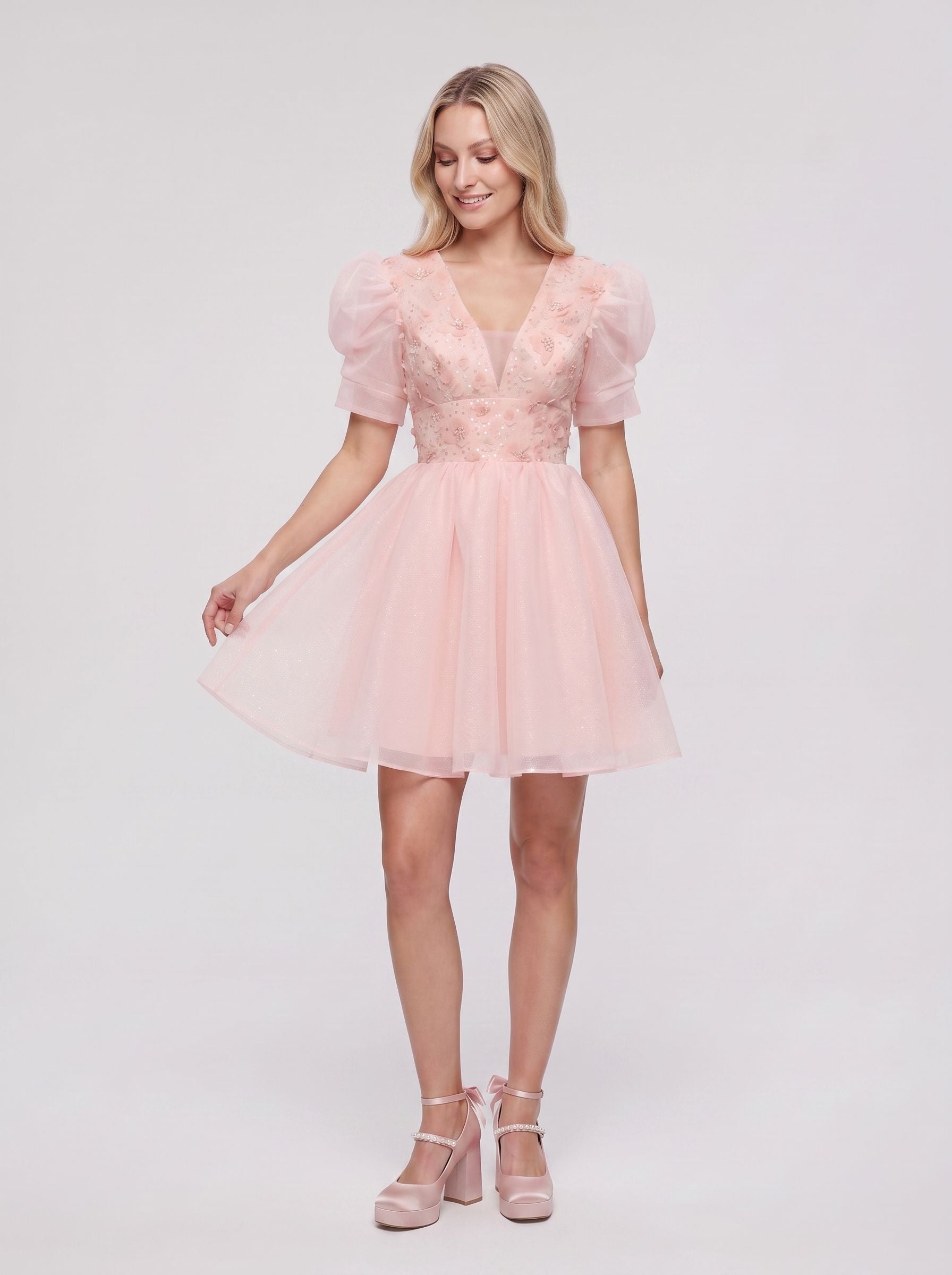 Petal Tulle A-Line V-Neck Lace-up Short Dress with 3D Flowers
