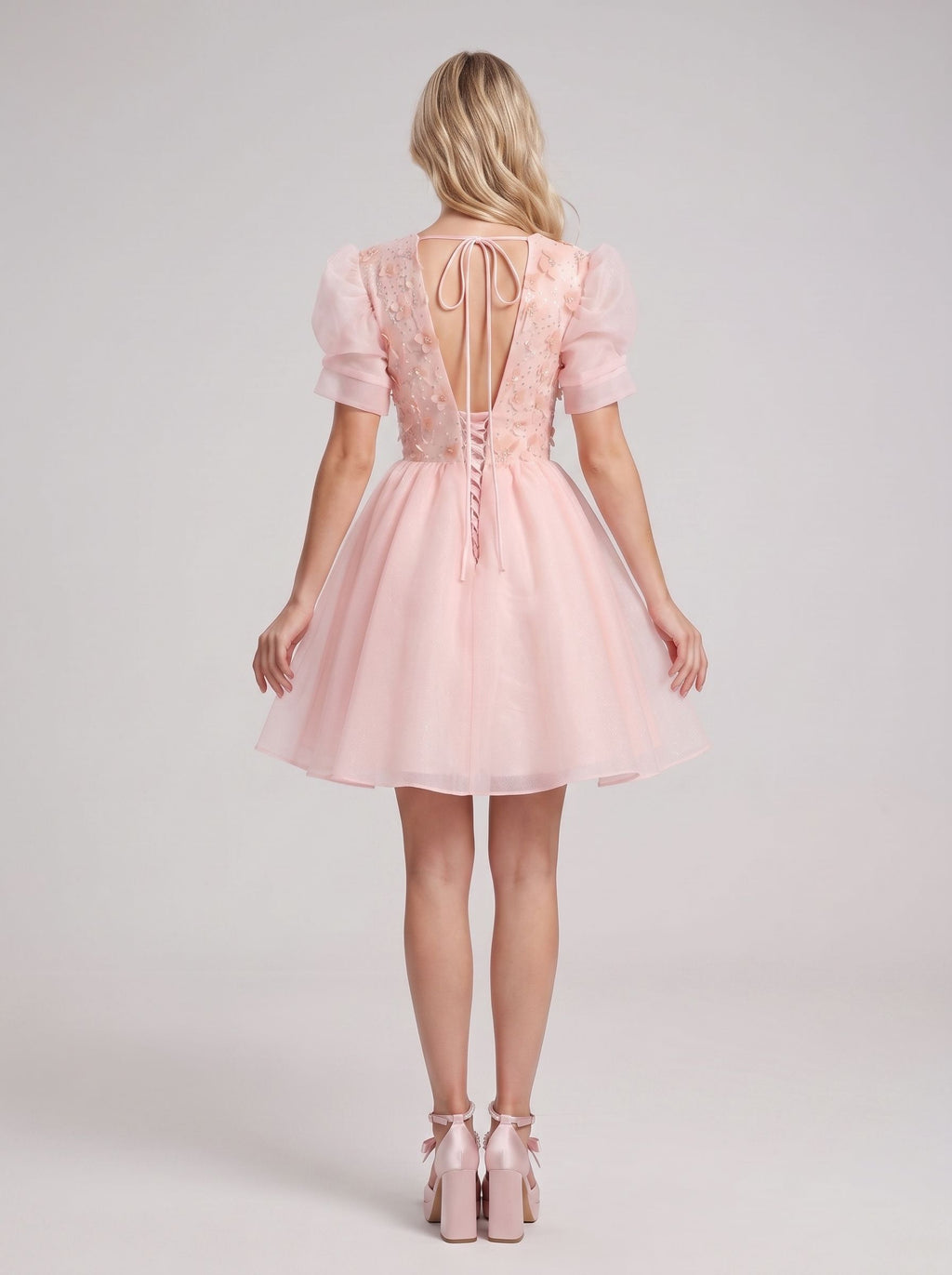 Petal Tulle A-Line V-Neck Lace-up Short Dress with 3D Flowers