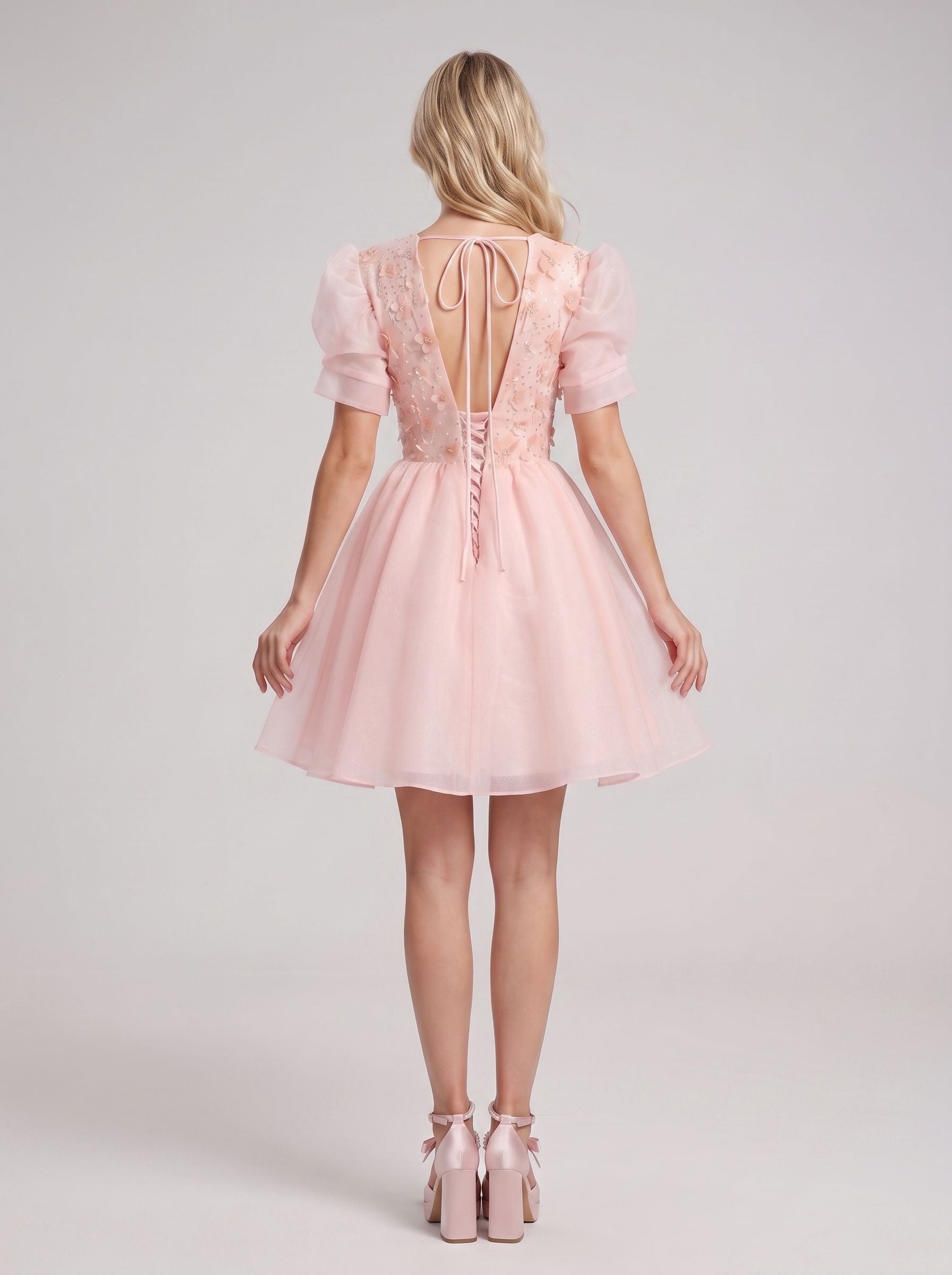 Petal Tulle A-Line V-Neck Lace-up Short Dress with 3D Flowers