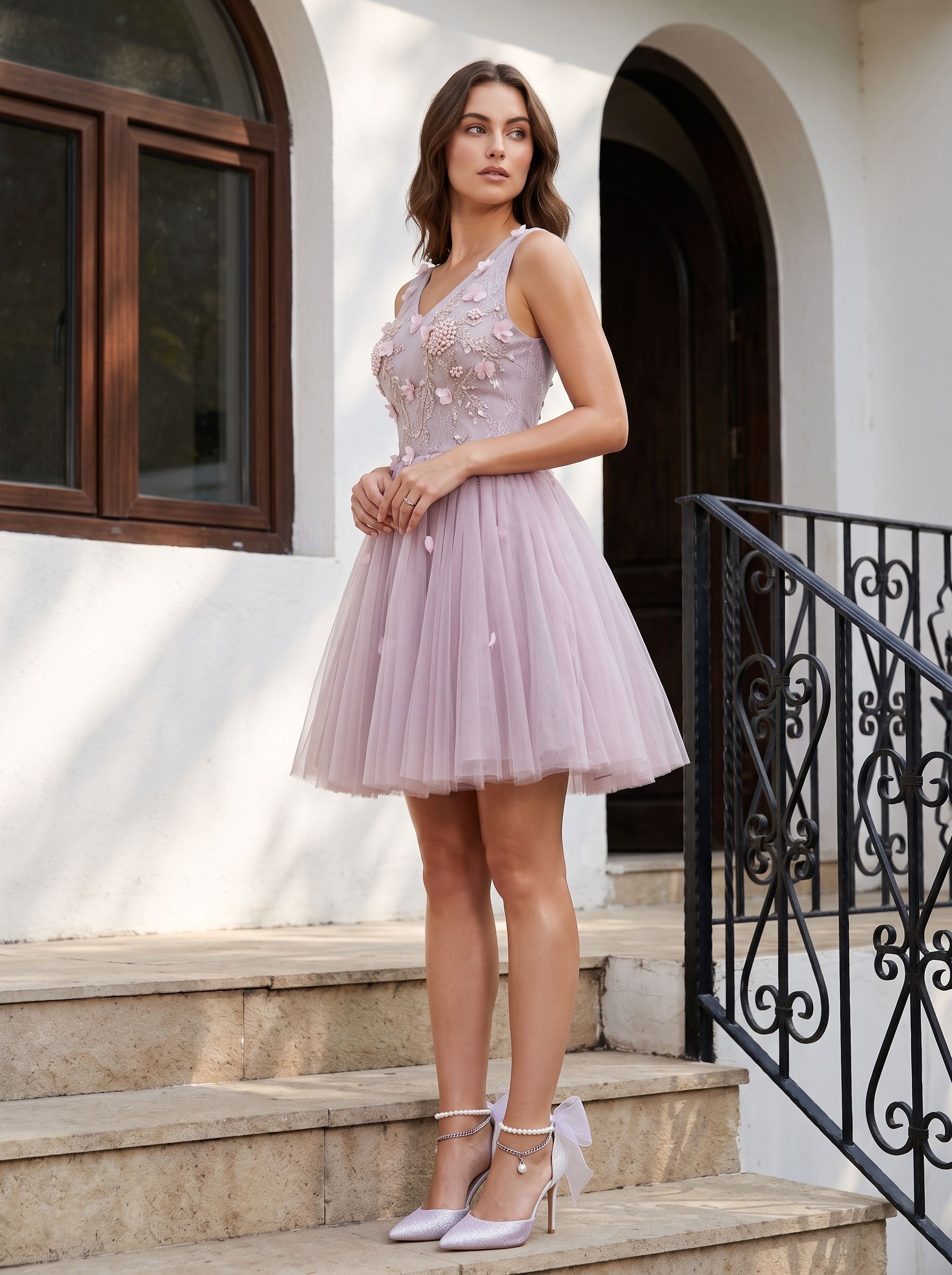 Purple Tulle A-Line V-Neck Lace-up Short Dress with 3D Flowers