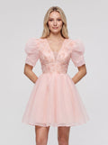 Petal Tulle A-Line V-Neck Lace-up Short Dress with 3D Flowers