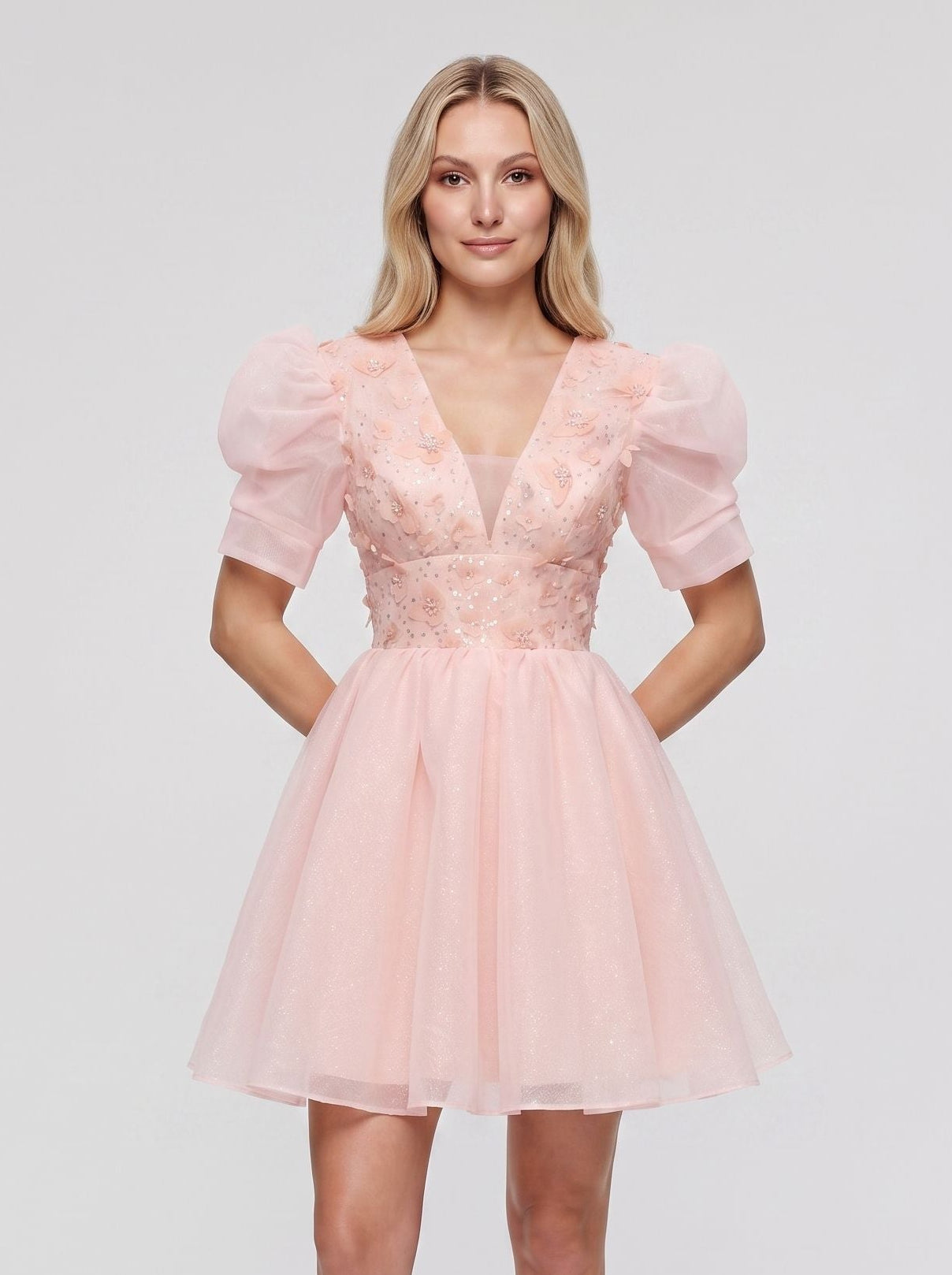 Petal Tulle A-Line V-Neck Lace-up Short Dress with 3D Flowers