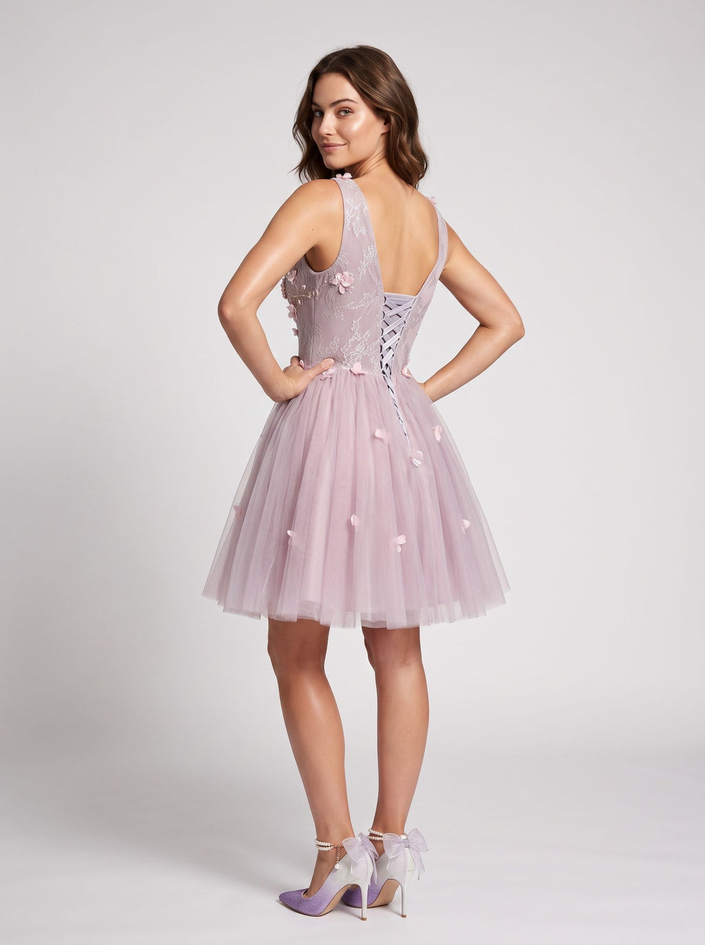 Purple Tulle A-Line V-Neck Lace-up Short Dress with 3D Flowers