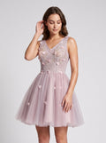 Purple Tulle A-Line V-Neck Lace-up Short Dress with 3D Flowers