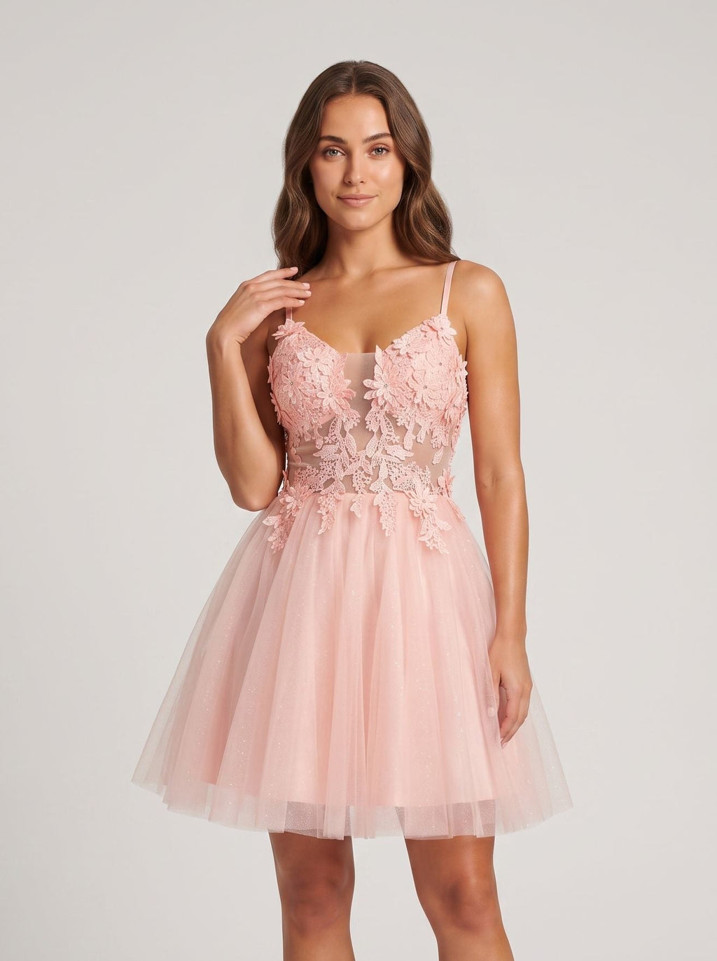Petal Tulle A-Line V-Neck Back Zip Short Dress with Floral Appliques