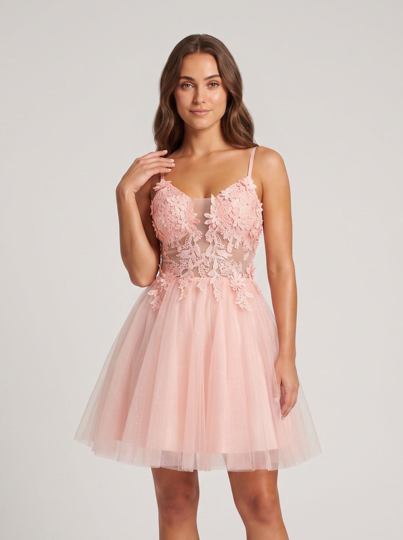 Petal Tulle A-Line V-Neck Back Zip Short Dress with Floral Appliques