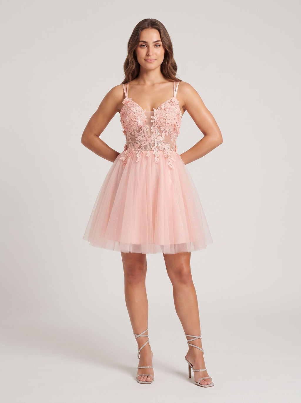 Petal Tulle A-Line V-Neck Back Zip Short Dress with Floral Appliques