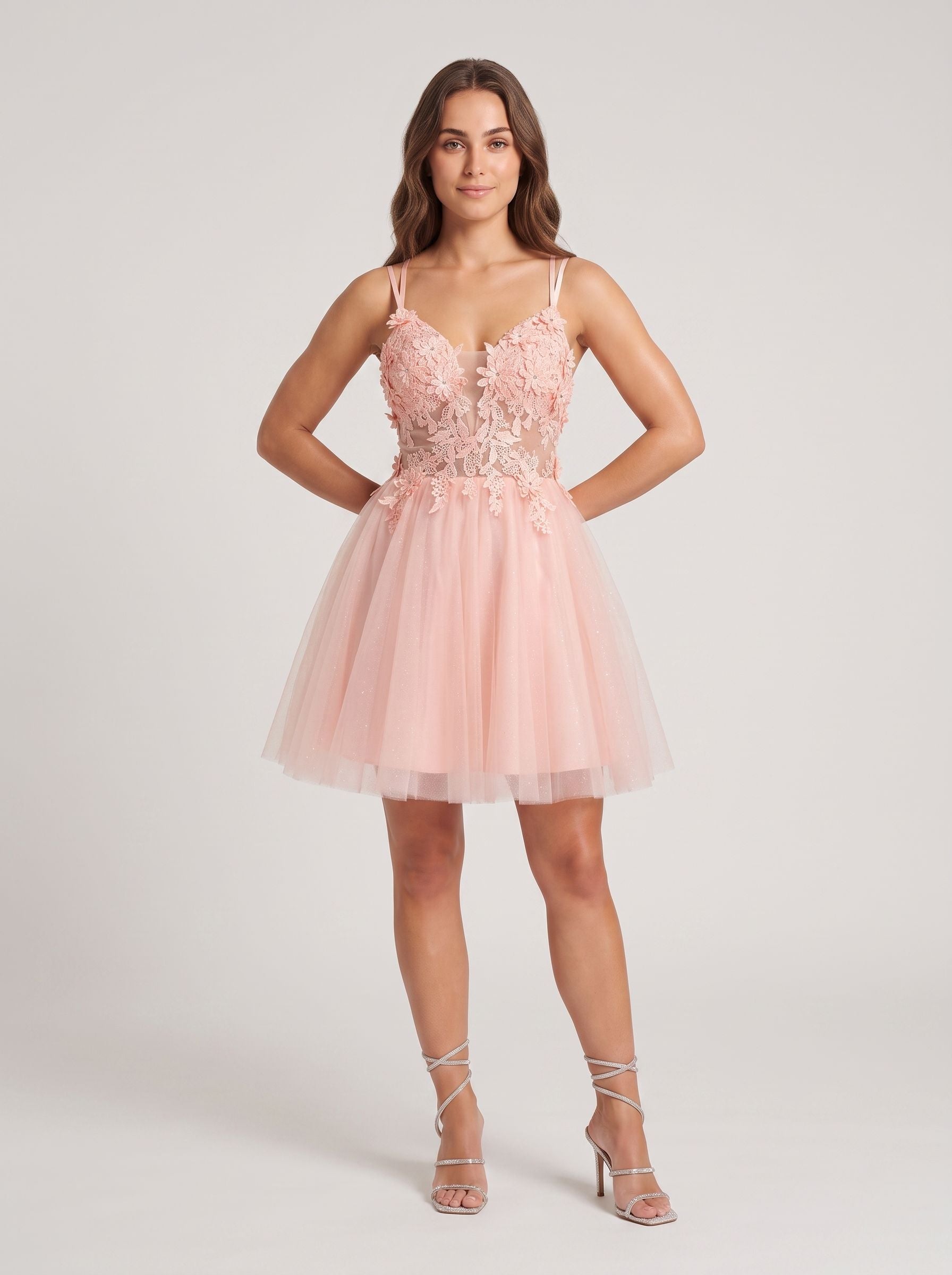 Petal Tulle A-Line V-Neck Back Zip Short Dress with Floral Appliques