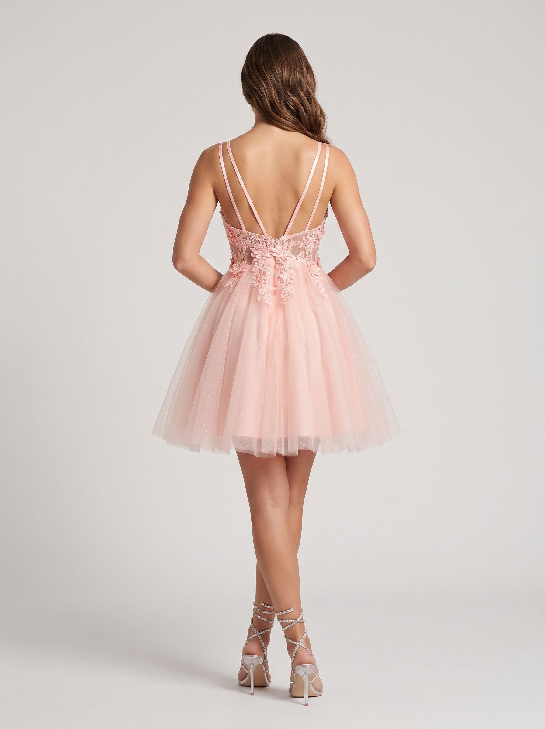 Petal Tulle A-Line V-Neck Back Zip Short Dress with Floral Appliques