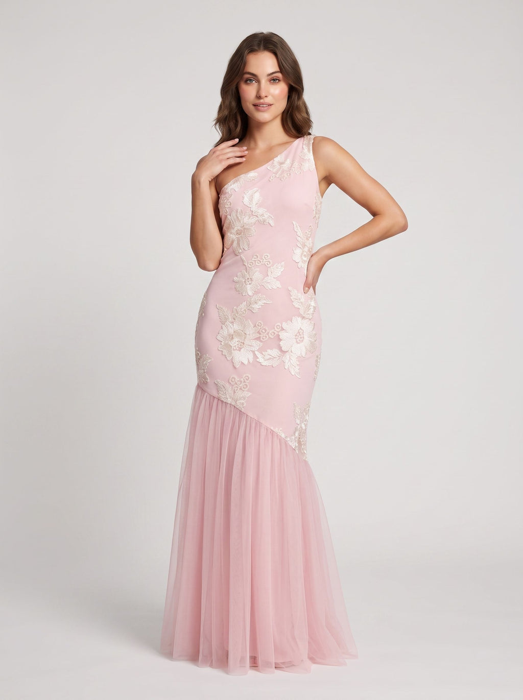 Blushing Pink Tulle Mermaid One Shoulder Back Zip Floor-Length Dress with 3D Floral Appliques