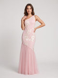 Blushing Pink Tulle Mermaid One Shoulder Back Zip Floor-Length Dress with 3D Floral Appliques