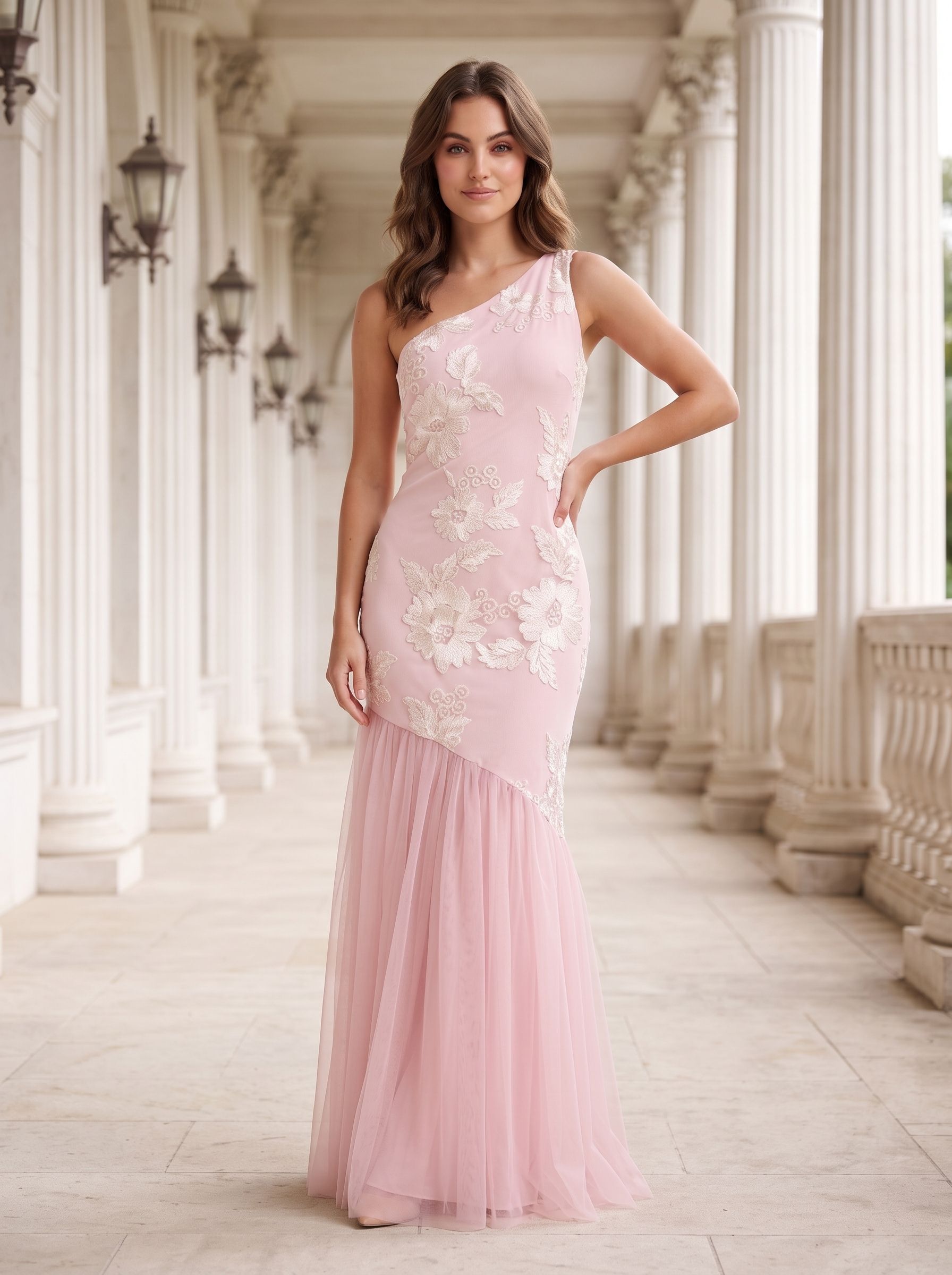 Blushing Pink Tulle Mermaid One Shoulder Back Zip Floor-Length Dress with 3D Floral Appliques