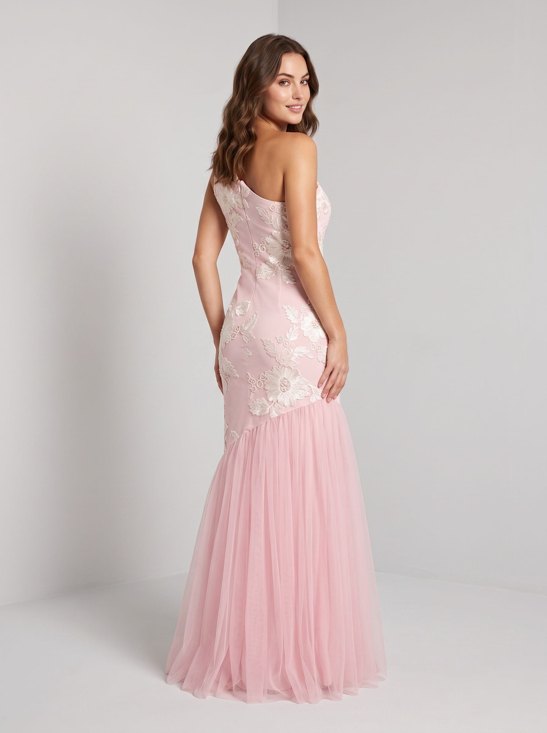 Blushing Pink Tulle Mermaid One Shoulder Back Zip Floor-Length Dress with 3D Floral Appliques