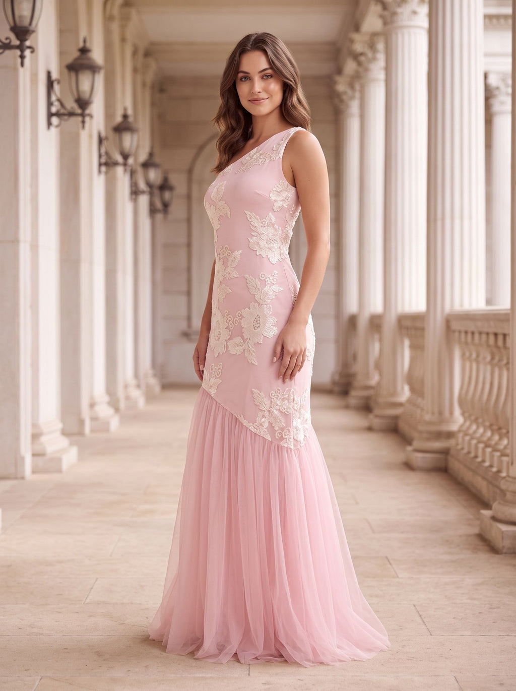 Blushing Pink Tulle Mermaid One Shoulder Back Zip Floor-Length Dress with 3D Floral Appliques