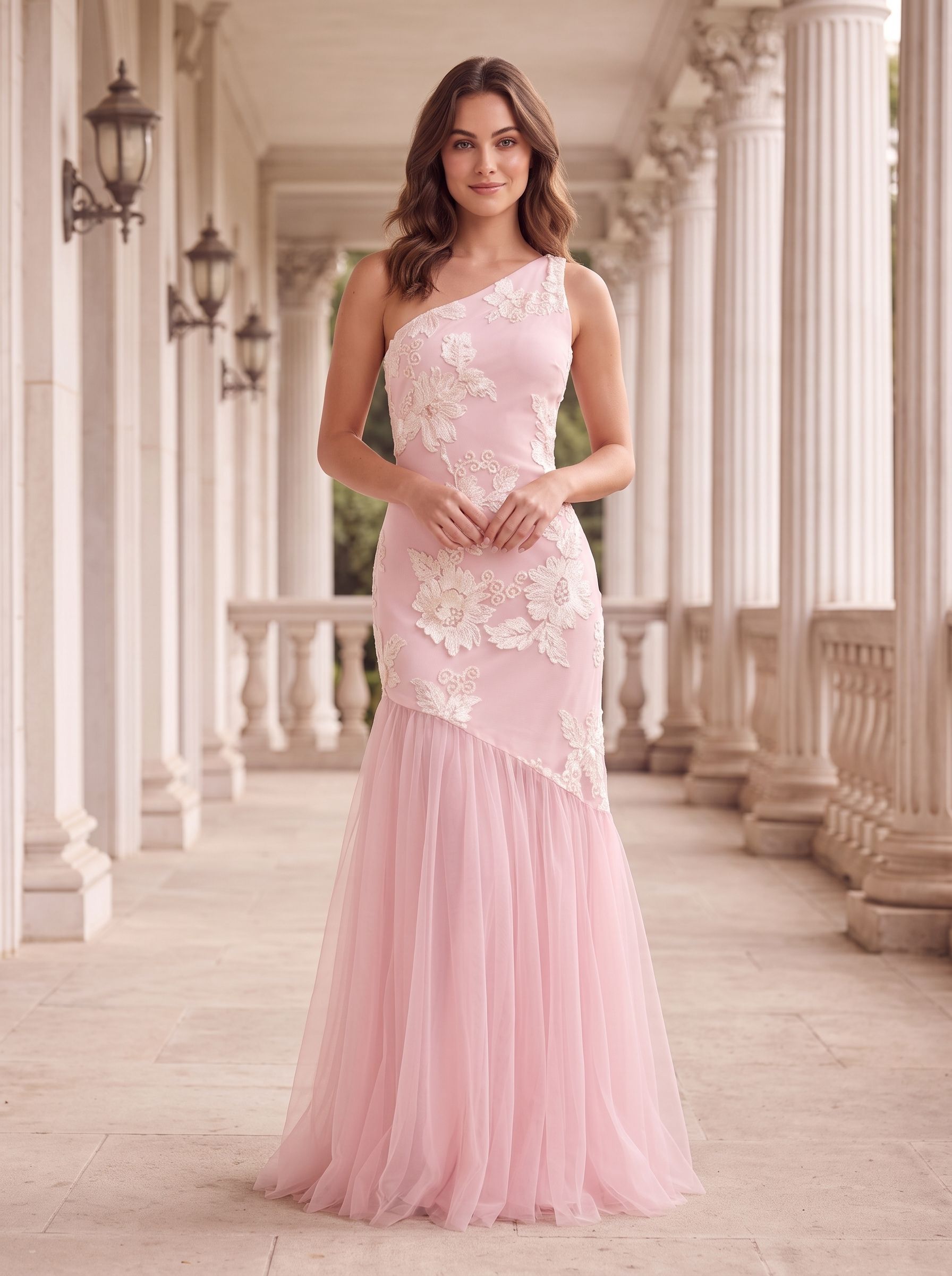 Blushing Pink Tulle Mermaid One Shoulder Back Zip Floor-Length Dress with 3D Floral Appliques