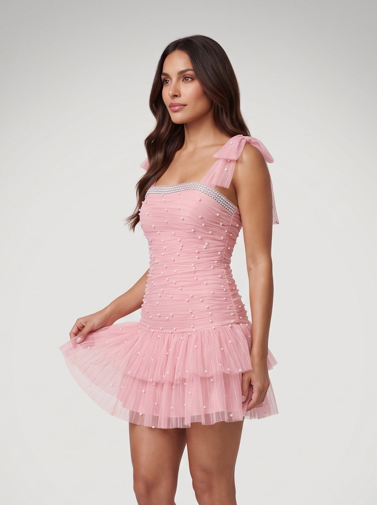 Petal Tulle  A-Line Square Neck Back Zip Short Dress with Pearls