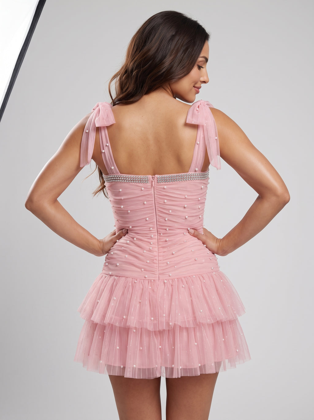 Petal Tulle  A-Line Square Neck Back Zip Short Dress with Pearls