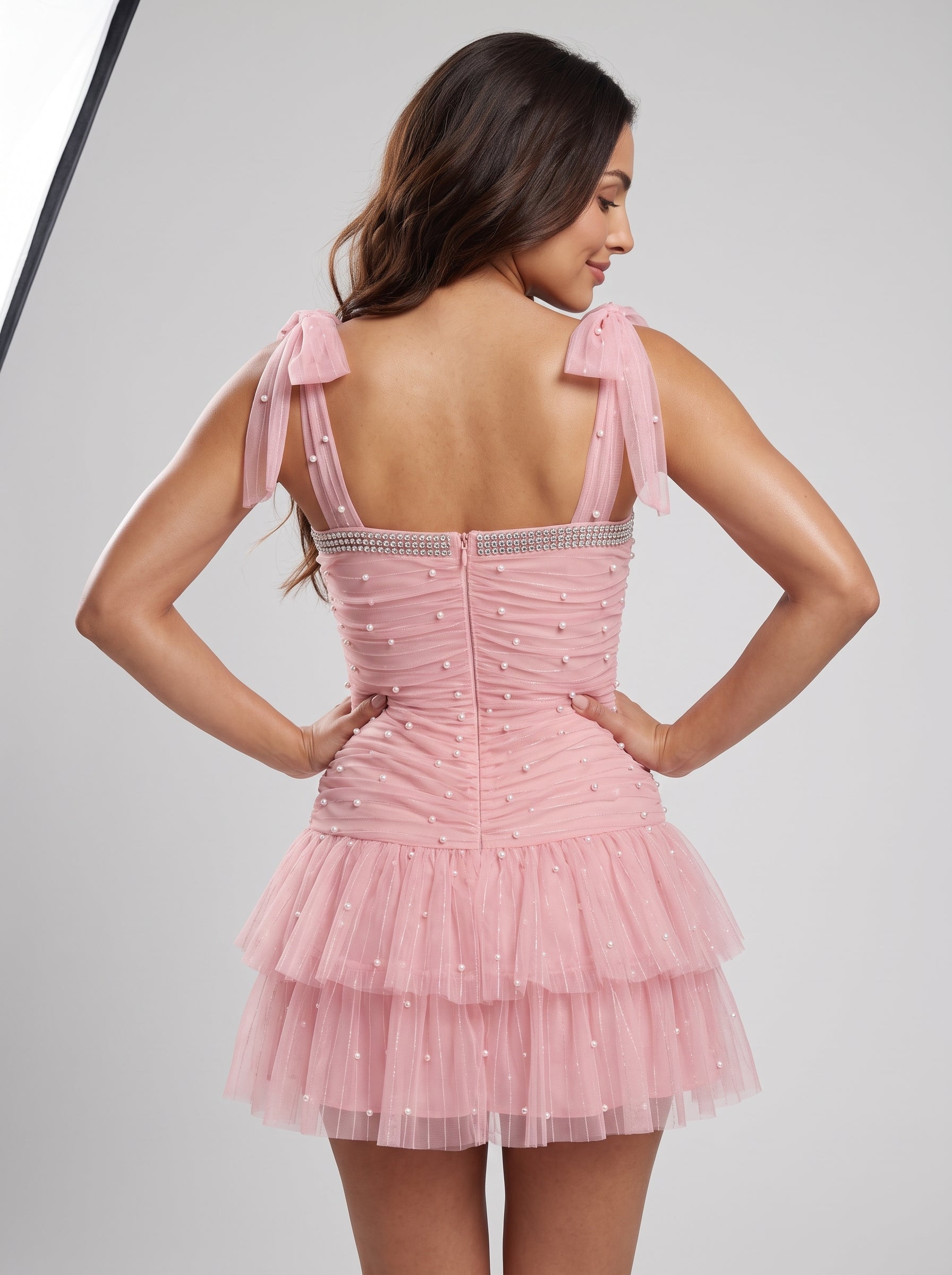 Petal Tulle  A-Line Square Neck Back Zip Short Dress with Pearls