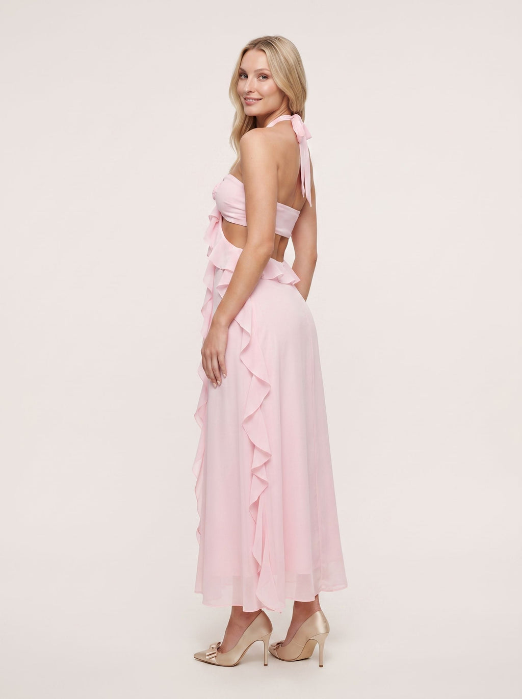 Blushing Pink Chiffon Mermaid Halter neckline Backless Floor-Length Dress with Pleated Bodice and Ruffles