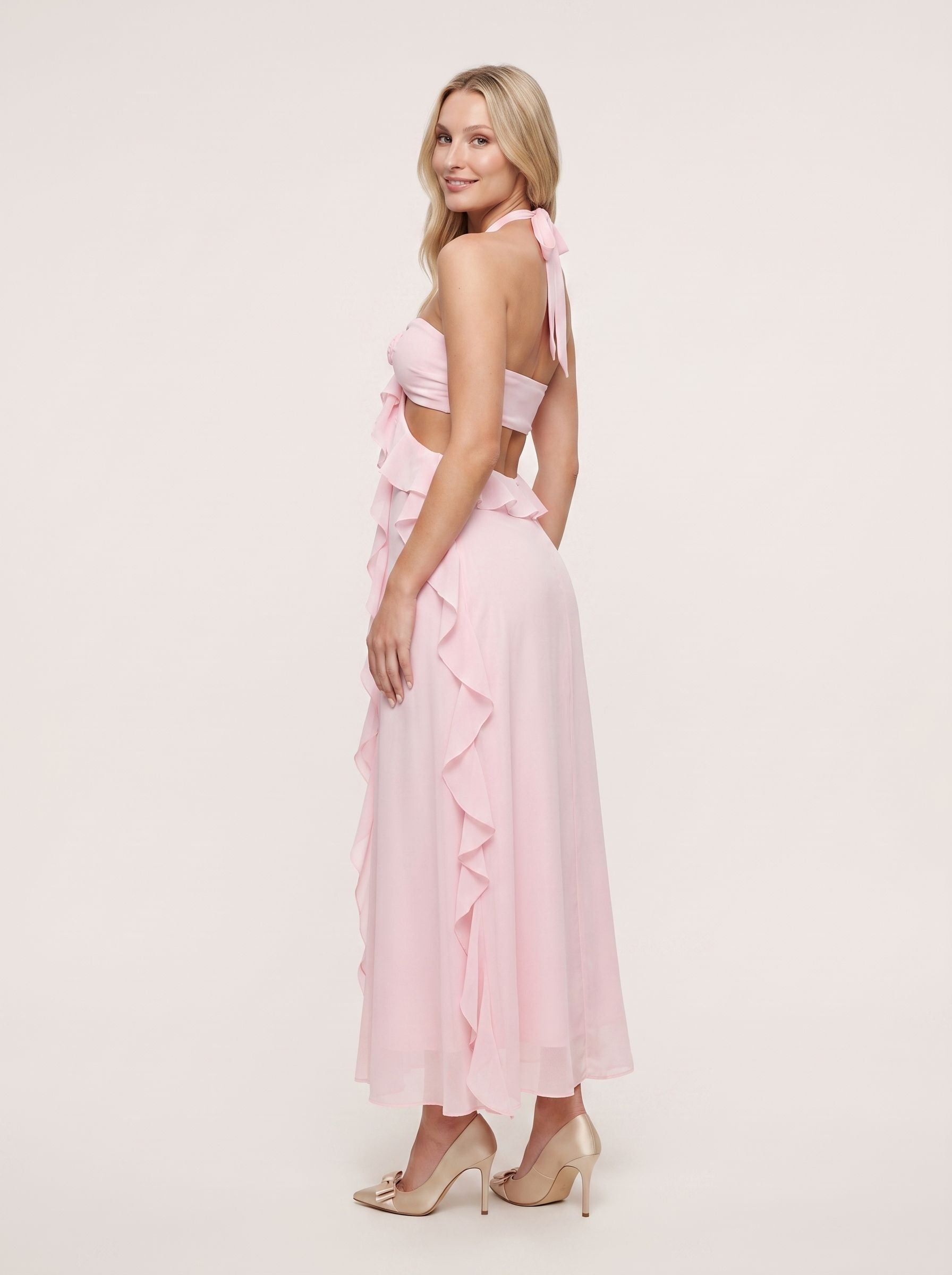 Blushing Pink Chiffon Mermaid Halter neckline Backless Floor-Length Dress with Pleated Bodice and Ruffles