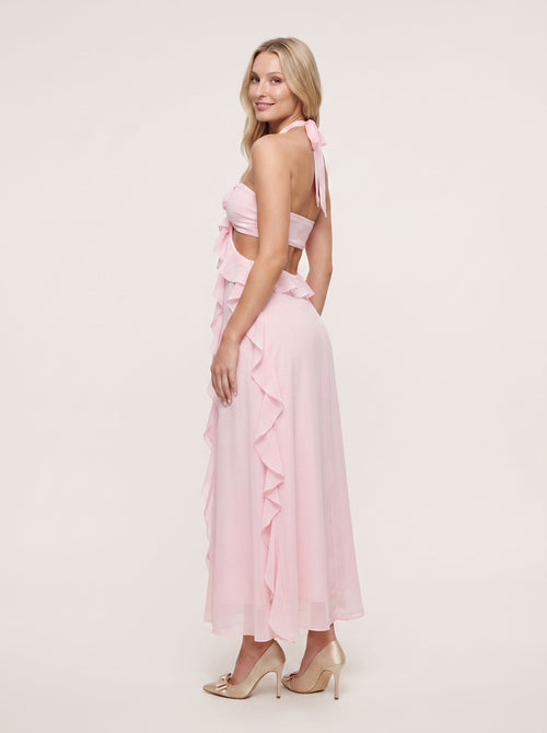 Blushing Pink Chiffon Mermaid Halter neckline Backless Floor-Length Dress with Pleated Bodice and Ruffles