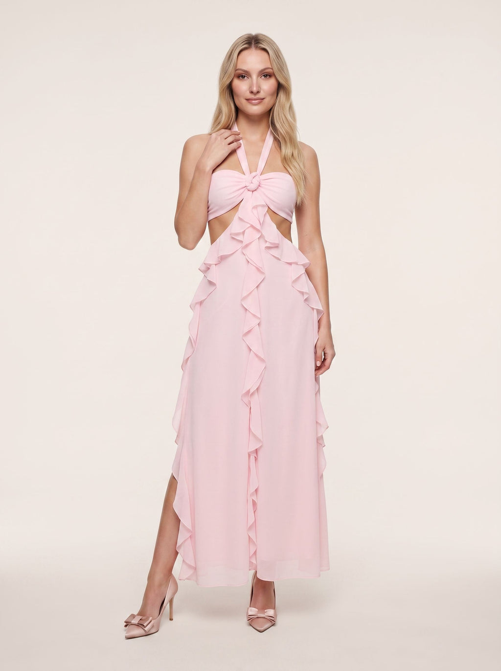 Blushing Pink Chiffon Mermaid Halter neckline Backless Floor-Length Dress with Pleated Bodice and Ruffles