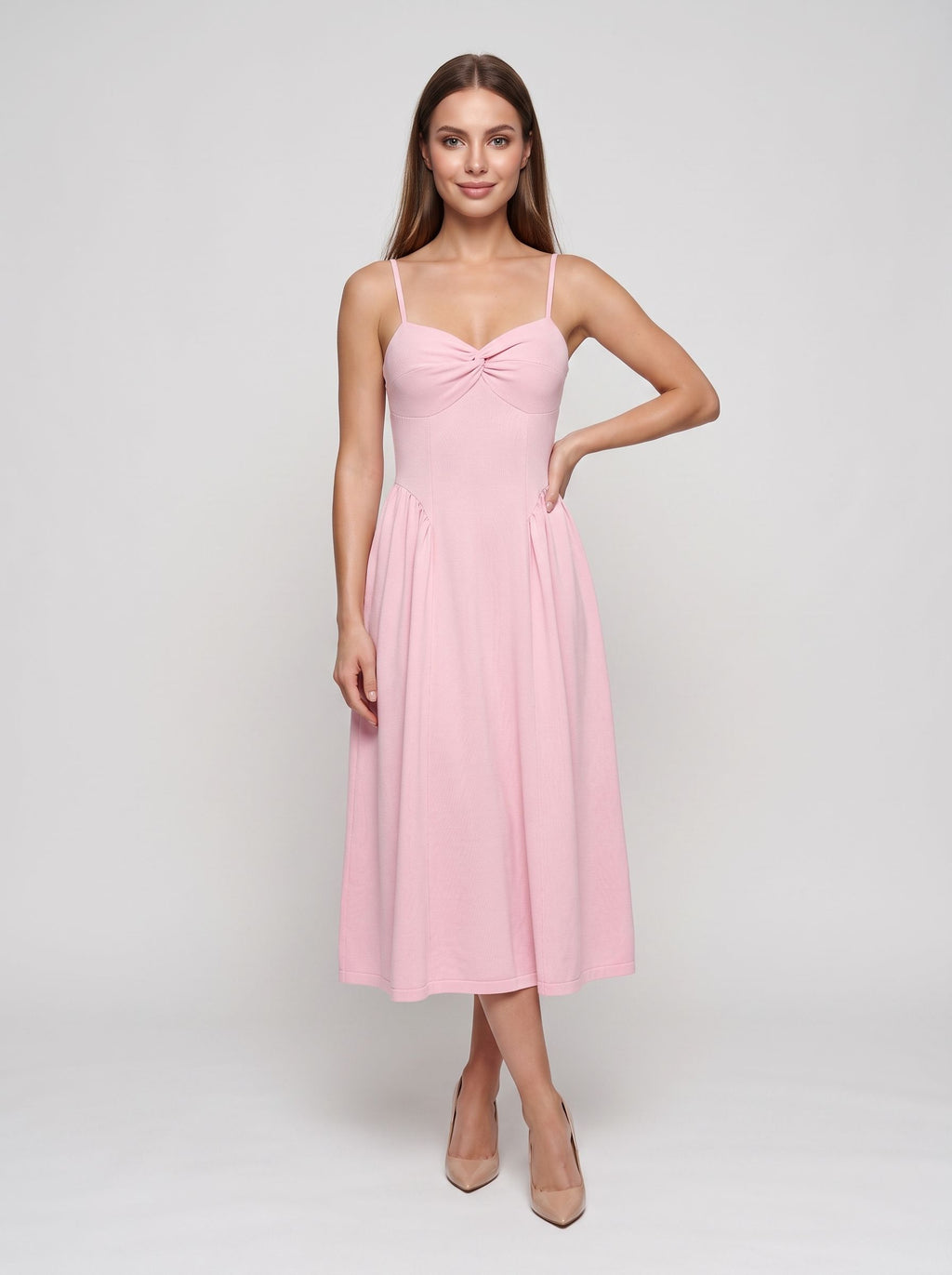 Petal Stretch Knit A-Line V-Neck Backless Midi Dress with Twist Bust Detail and Pockets